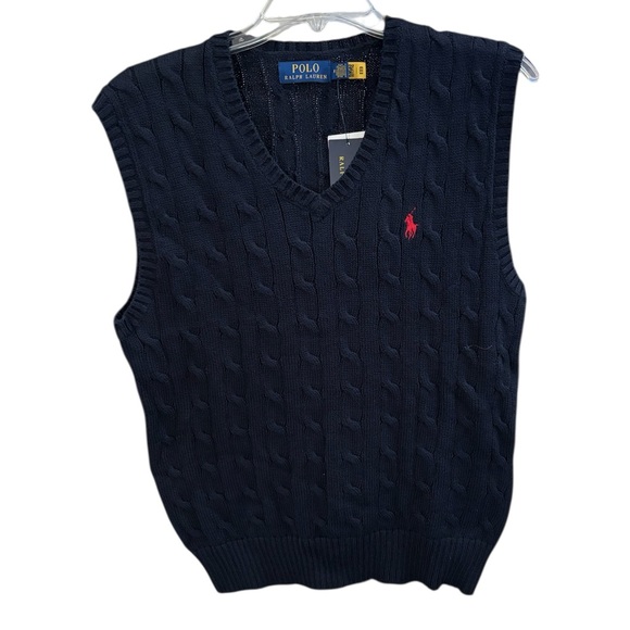 Polo Ralph Lauren Cable Knit Cotton Sweater Vest in Navy Size M. NWT - Picture 4 of 11